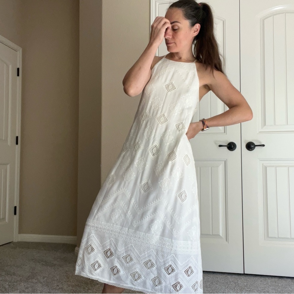Corey Lynn Calter Cream White Embroidered Lace Halter Sleeveless Midi Dress